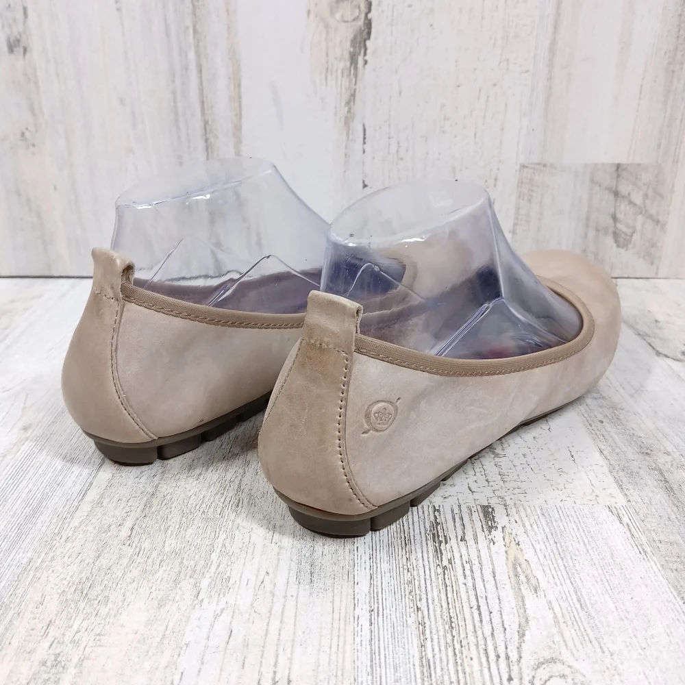 Born Taupe‎ Leather Slip-On Ballet Flats with Plaid Insole and Rubber Sole #1501
